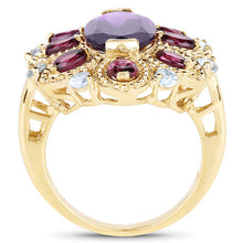 Load image into Gallery viewer, 14K Yellow Gold Plated 6.80 Carat Genuine Amethyst, Rhodolite & Blue Topaz .925 Sterling Silver Ring