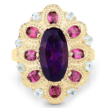 Load image into Gallery viewer, 6.80 Carat Genuine Amethyst, Rhodolite and Blue Topaz .925 Sterling Silver Ring