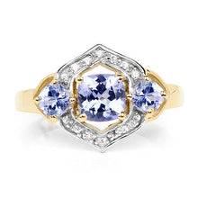 将图片加载到图库查看器,14K Yellow Gold Plated 1.58 Carat Genuine Tanzanite and White Topaz .925 Sterling Silver Ring