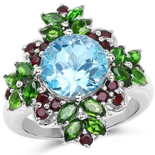 Load image into Gallery viewer, 5.76 Carat Genuine Blue Topaz, Chrome Diopside & Garnet .925 Sterling Silver Ring