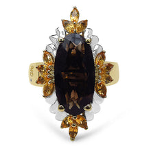 Load image into Gallery viewer, 14K Yellow Gold Plated 7.07 Carat Genuine Smoky Quartz, Citrine & White Diamond .925 Sterling Silver Ring