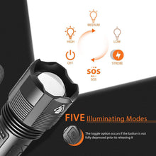 Load image into Gallery viewer, Rechargeable Adjustable Led Flashlights With High Lumen With Battery Display Super Bright Waterproof Flashlight 5 Lighting Modes For Adventure Hiking Camping Hunting New Design