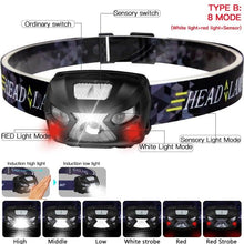 Load image into Gallery viewer, Rechargeable Adjustable LED USB Headlight Powerfull Elastic High Lumens Headband Headlamp Motion Sensor Flashlight For Adults Kids Running Camping Hiking Camping