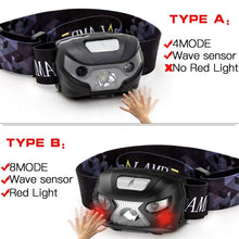 Load image into Gallery viewer, Rechargeable Adjustable LED USB Headlight Powerfull Elastic High Lumens Headband Headlamp Motion Sensor Flashlight For Adults Kids Running Camping Hiking Camping