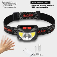 Load image into Gallery viewer, Rechargeable LED Powerfull Headlamp Flashlight USB Waterproof Headlamp Motion Body Sensor Headlight For Adults & Kids Camping Flashlight Outdoors Camping Running Biking Fishing