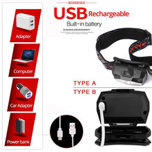 Load image into Gallery viewer, Rechargeable Powerful USB LED High Lumen Headlamp Ultra-Light Bright Headlight Waterproof Sensor Head Light For Outdoors Camping Running Hiking Biking Fishing