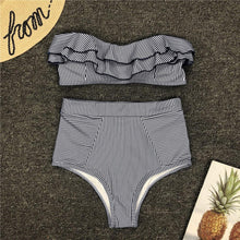 Load image into Gallery viewer, Retro Blue White Striped High Waist Bikini Lady Swimwear Women Swimsuit Female Ruffle Swim Bathing Suit Piece Vintage High Waist Bikini Set Ruffled Swimsuits For Women Bathing Suits