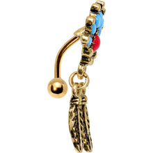 Load image into Gallery viewer, Red Blue Orb Gold Anodized Fan Feather Top Mount Dangle Belly Ring
