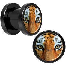 Load image into Gallery viewer, Full Color Tiger Eyes Black Anodized Screw Fit Plug Set 0G