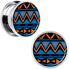 Load image into Gallery viewer, Blue Orange Tribal Print Steel Screw Fit Plug Set 5/8
