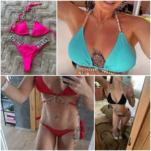 将图片加载到图库查看器,Shiny Diamond Bikini Push Up Halter Swimsuit Female Crystal Swimwear Women Bathing Suit New Women's Crystal Diamond Swimsuit High Cut Bikini Set Straps Two Piece Bathing Suit