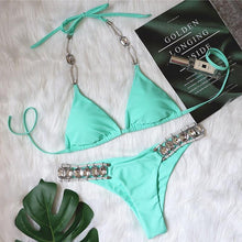将图片加载到图库查看器,Shiny Diamond Bikini Push Up Halter Swimsuit Female Crystal Swimwear Women Bathing Suit New Women's Crystal Diamond Swimsuit High Cut Bikini Set Straps Two Piece Bathing Suit