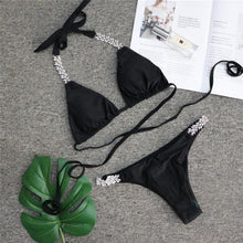 将图片加载到图库查看器,Shiny Diamond Bikini Push Up Halter Swimsuit Female Crystal Swimwear Women Bathing Suit New Women's Crystal Diamond Swimsuit High Cut Bikini Set Straps Two Piece Bathing Suit
