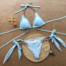 将图片加载到图库查看器,Shiny Diamond Bikini Push Up Halter Swimsuit Female Crystal Swimwear Women Bathing Suit New Women's Crystal Diamond Swimsuit High Cut Bikini Set Straps Two Piece Bathing Suit