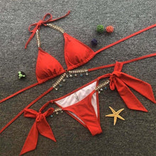 将图片加载到图库查看器,Shiny Diamond Bikini Push Up Halter Swimsuit Female Crystal Swimwear Women Bathing Suit New Women's Crystal Diamond Swimsuit High Cut Bikini Set Straps Two Piece Bathing Suit