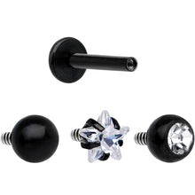 Load image into Gallery viewer, Clear CZ Gem Black PVD Internally Threaded Labret Set of 3 Ends