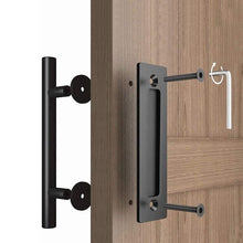 Load image into Gallery viewer, Sliding Barn Door Handle Pull Cabinet Flush Hardware Set Wood Door Handle Interior Door Furniture Handle Hardware Sliding Barn Door Pull Handle with Flush Hardware Set Heavy Duty Solid Square Rustic Style Black Powder Coated Finish
