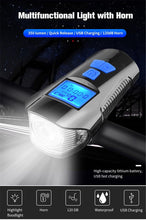 Load image into Gallery viewer, Smart Waterproof Bicycle Light USB Rechargeable Bike Front Light Flashlight With Bike Computer LCD Speedometer Waterproof Bicycles Light And Odometer Horn For Safe Cycling 4 Modes Fits For All Mountain Road Bikes