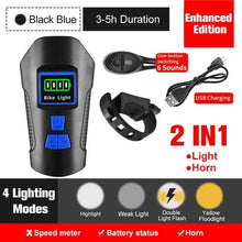 Load image into Gallery viewer, Smart Waterproof Bicycle Light USB Rechargeable Bike Front Light Flashlight With Bike Computer LCD Speedometer Waterproof Bicycles Light And Odometer Horn For Safe Cycling 4 Modes Fits For All Mountain Road Bikes