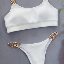 Load image into Gallery viewer, Solid Bikini High Waist Swimwear Female Chain Swimsuit Women 2 Pieces Set Sports Bathing Suit Women's Bikini Set Two Piece Smocked Swimsuits Ruffle Off Shoulder Bathing Suit With High Waist Bottoms