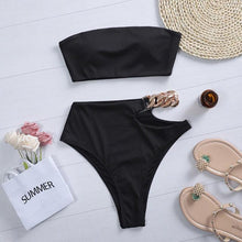 Load image into Gallery viewer, Solid Bikini High Waist Swimwear Female Chain Swimsuit Women 2 Pieces Set Sports Bathing Suit Women's Bikini Set Two Piece Smocked Swimsuits Ruffle Off Shoulder Bathing Suit With High Waist Bottoms
