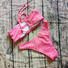 Load image into Gallery viewer, Solid Bikini Swimsuit Women Bikini Set Off Shoulder Swimwear Two Piece Strap Bikini Sets for Women High Waist Teens Bathing Suits Off Shoulder Swimsuit Beachwear