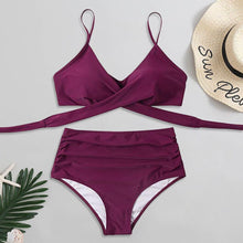 将图片加载到图库查看器,Solid Swimwear Women Top Swimsuit Bikini Solid Push Up High Cut Lace Up Halter Bikini Set Women High Waist Bikini Twist Front Swimsuits Lace Up Bikini Tops 2 Piece Bathing Suits Summer Swimsuit