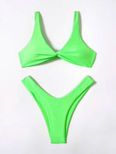 Load image into Gallery viewer, Solid Tie Bikini Padded Bra High Leg Bandage Push Up Bikini Set Brazilian Swimsuit Women Swimwear Rib Bikini Set High Cut Spaghetti Strap Two Piece Swimsuit Bathing Suit
