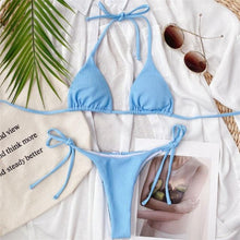 将图片加载到图库查看器,Solid Triangle Bikini Swimwear Women Bandage Backless Two Pieces Swimsuit Women Beachwear Set Women's Halter Triangle Bikini Thong Bottom Cheeky Two Piece Swimsuits