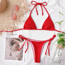 将图片加载到图库查看器,Solid Triangle Bikini Swimwear Women Bandage Backless Two Pieces Swimsuit Women Beachwear Set Women's Halter Triangle Bikini Thong Bottom Cheeky Two Piece Swimsuits