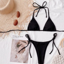 将图片加载到图库查看器,Solid Triangle Bikini Swimwear Women Bandage Backless Two Pieces Swimsuit Women Beachwear Set Women's Halter Triangle Bikini Thong Bottom Cheeky Two Piece Swimsuits