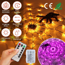 Load image into Gallery viewer, Spider Web Light with Hairy Spider 70LED Battery Powered Remote Control 8 Lighting Modes