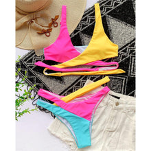 Load image into Gallery viewer, Splicing Bikini Female Swimsuit Two Piece Bikini Swimsuit for Women High Waist Crisscross Halter Wrap Bathing Suits with Bikini Bottom Women Swimwear Two-piece Bikini set Asymmetric Mid Waist Bather Bathing Suit Swim