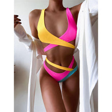 Load image into Gallery viewer, Splicing Bikini Female Swimsuit Two Piece Bikini Swimsuit for Women High Waist Crisscross Halter Wrap Bathing Suits with Bikini Bottom Women Swimwear Two-piece Bikini set Asymmetric Mid Waist Bather Bathing Suit Swim