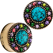 Load image into Gallery viewer, Gold Plated Southwestern Stone Age Double Flare Plug Set 2G to 22mm