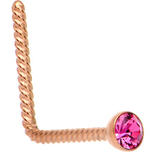 Load image into Gallery viewer, Pink 2mm Gem Inlay Rose Gold IP So Twisted L Shaped Nose Ring