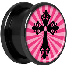 Load image into Gallery viewer, Pink Black Radiant Cross Black Anodized Screw Fit Plug Set 5/8