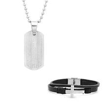Load image into Gallery viewer, Stainless Steel Our Father Prayer Leather Bracelet and Dog Tag Pendant