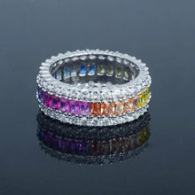 Load image into Gallery viewer, Sterling Silver Emerald Cut Rainbow Prong Eternity Band