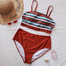 Load image into Gallery viewer, Striped Plus Size Women 2 Pieces Bikini Women's Plus Size Bathing Suits Two Piece High Cut Bikini Sets Waist Swimsuits Swimwear Large Size Swimsuit Off Shoulder High Waist Bathing Suit High Cut Swimwear