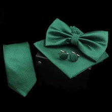 Load image into Gallery viewer, Stylish Solid Color Polyester Tie Bowtie Handkerchief Cufflinks Set For Men Butterfly Wedding Party Necktie Men's Fashion Bowtie