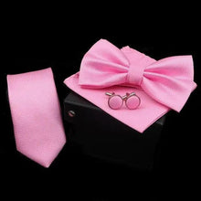 Load image into Gallery viewer, Stylish Solid Color Polyester Tie Bowtie Handkerchief Cufflinks Set For Men Butterfly Wedding Party Necktie Men's Fashion Bowtie