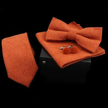 Load image into Gallery viewer, Stylish Solid Color Polyester Tie Bowtie Handkerchief Cufflinks Set For Men Butterfly Wedding Party Necktie Men's Fashion Bowtie