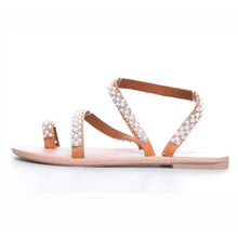 Load image into Gallery viewer, Summer Flat Sandals Sweet Pearl Decoration Sandals Leather Flats Women Beach Holiday Shoes Rhinestones Flat Strap Sandals Comfort Open Toe Flat Luxury Women Sandals