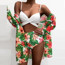 将图片加载到图库查看器,Summer Floral Print Bikini Swimsuit Women 3 Piece High-Waist Bikini Set Swimwear Female Push-Up Bathing Suit Tropical High Waist Wrap Swimsuit With Beach Cover Ups Soft And Breathable Summer Bikini