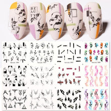 Load image into Gallery viewer, Summer Glitter Nail Decals Stickers Gold Black White Leaf Manicuring Foils Geometric Slider Nail Art Adhesive Decor Adhesive 3D Wave Design Decoration for Women Girls Art Stickers Decal Decoration Metallic Curve Strip Line Nail Decor