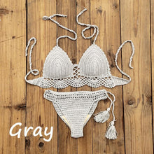 Load image into Gallery viewer, Summer Hand Crochet Women Swimwear Crop Top Push Up Bikini Set Beach Swimsuit Suit Tassel Swim Beach Beachwear Bikini Bra Bikini Swimsuit Women Beach Crochet Crop Summer Halter Bikini