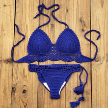 Load image into Gallery viewer, Summer Hand Crochet Women Swimwear Crop Top Push Up Bikini Set Beach Swimsuit Suit Tassel Swim Beach Beachwear Bikini Bra Bikini Swimsuit Women Beach Crochet Crop Summer Halter Bikini