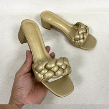 将图片加载到图库查看器,Summer Solid Weave Women Square Heel Sandal Fashion Thick High Heels Outdoor Party Slides Sandals Womens Open Toe Flat Slip-on Leather Weave Casual Walking Slippers Flip Flop