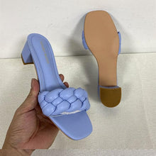 将图片加载到图库查看器,Summer Solid Weave Women Square Heel Sandal Fashion Thick High Heels Outdoor Party Slides Sandals Womens Open Toe Flat Slip-on Leather Weave Casual Walking Slippers Flip Flop
